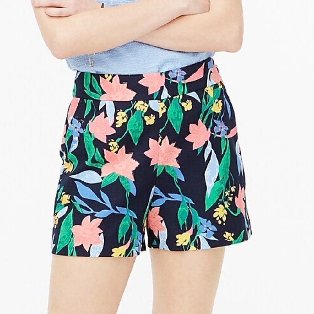 J. Crew 2 Floral Basketweave Woven Cotton Shorts Side Zip Blue